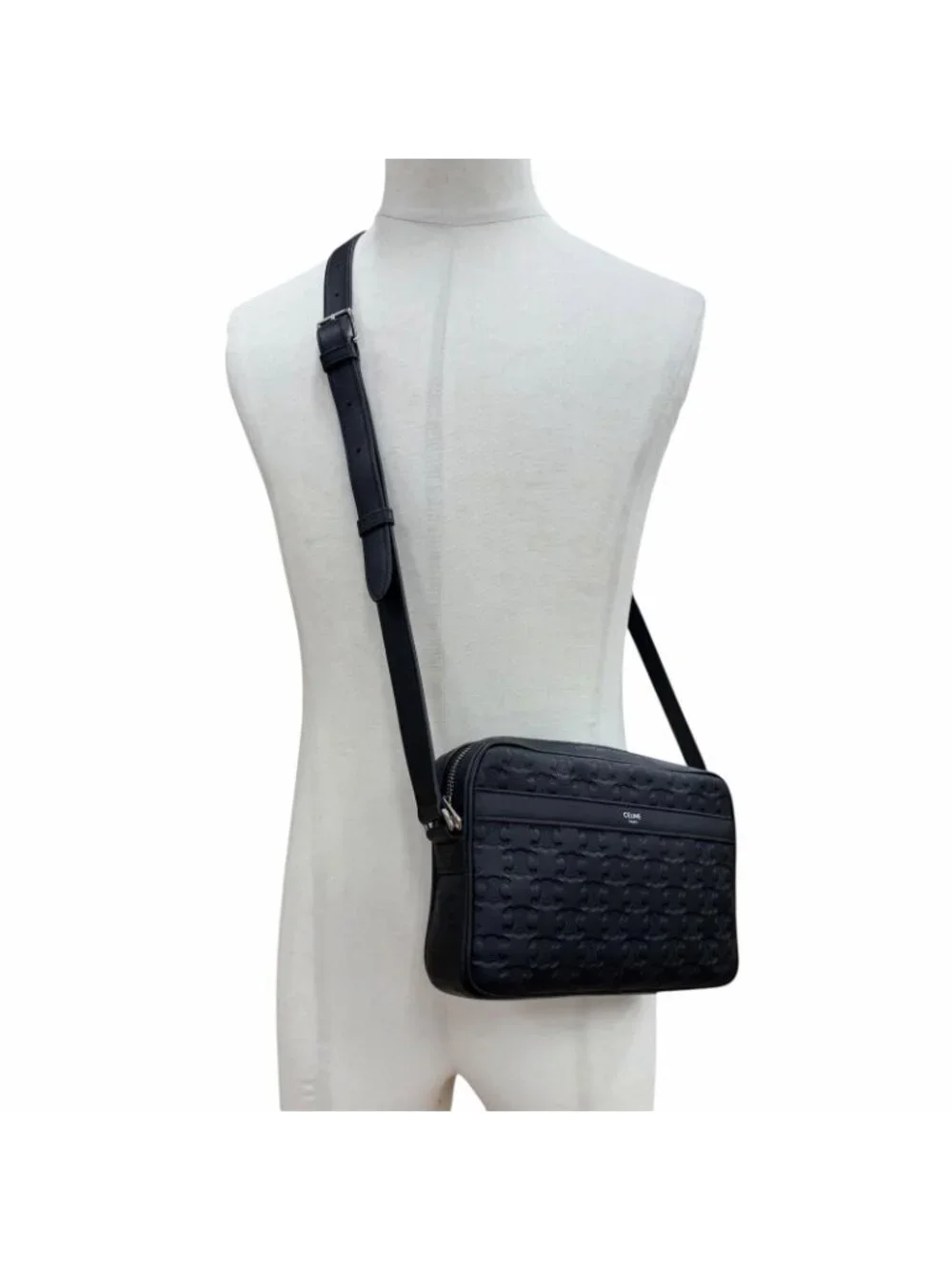 Celine Leather Triomphe Medium Messenger Shoulder Bag Black Silver